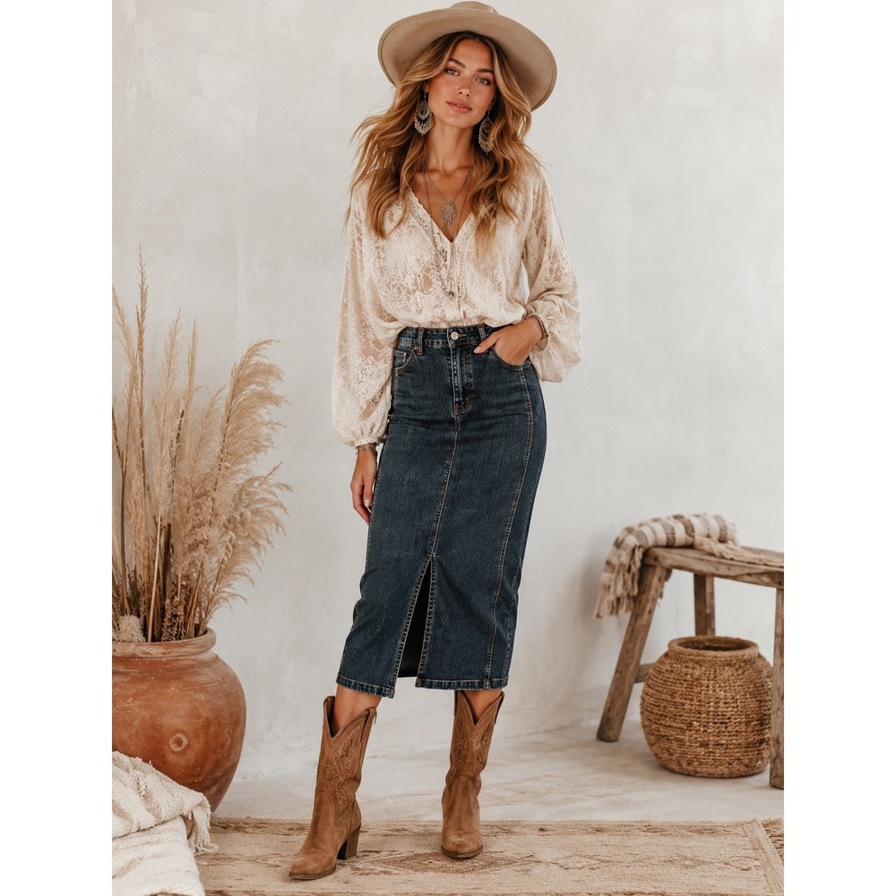 VTG Chico's Denim Skirt Dark Wash Front Slit Y2K Western Boho Size 2 M/L 90s